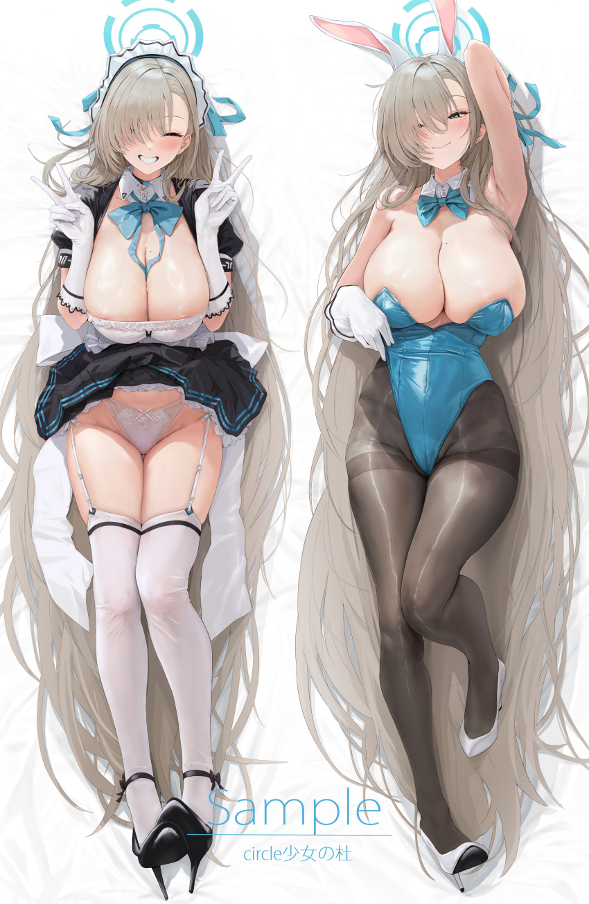 1girl absurdres akita_hika animal_ears areola_slip asuna_(blue_archive) asuna_(bunny)_(blue_archive) asymmetrical_bangs bare_shoulders black_footwear blue_archive blue_bow blue_bowtie blue_eyes blue_halo blue_leotard blue_ribbon blush bow bowtie breasts brown_pantyhose cleavage closed_mouth clothes_lift dakimakura_(medium) detached_collar double_v duplicate elbow_gloves fake_animal_ears full_body garter_straps gloves hair_over_one_eye hair_ribbon halo high_heels highleg highleg_leotard highres lace-trimmed_panties lace_trim large_breasts leotard light_brown_hair long_hair looking_at_viewer maid mole mole_on_breast multiple_views nipples panties pantyhose pantyshot playboy_bunny rabbit_ears ribbon see-through skirt skirt_lift smile thighband_pantyhose thighhighs traditional_bowtie underwear v very_long_hair white_gloves