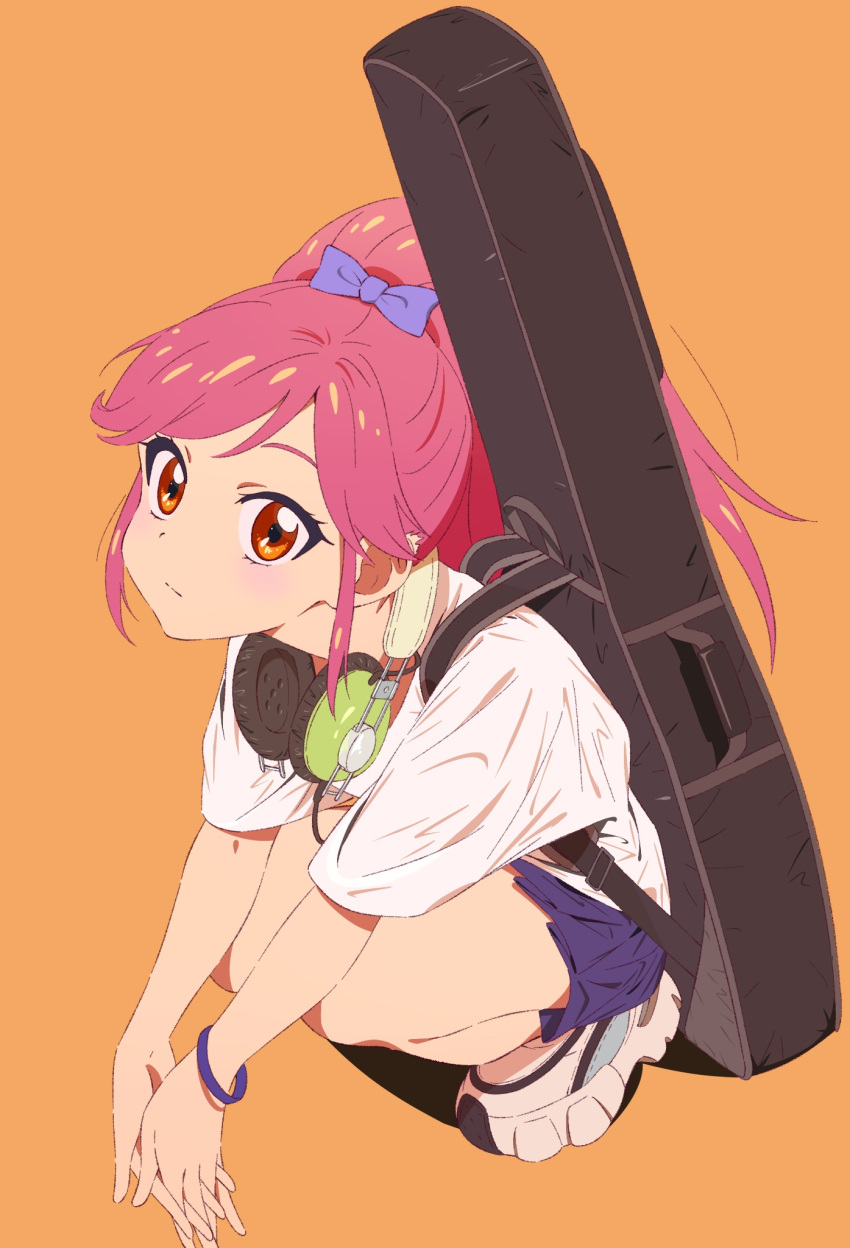 1girl aikatsu! aikatsu!_(series) blue_skirt bow from_above full_body guitar_case hair_bow headphones headphones_around_neck high_ponytail highres instrument_case long_hair looking_at_viewer orange_background orange_eyes otoshiro_seira own_hands_clasped own_hands_together pink_hair purple_bow semham shirt shoes short_sleeves sidelocks simple_background skirt sneakers squatting white_footwear white_shirt wristband