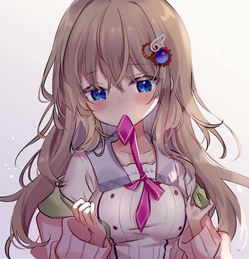 1girl 9-nine- blue_eyes blush breasts cleavage collar commentary_request eyelashes eyes_visible_through_hair gear_hair_ornament grey_background grey_collar hair_between_eyes hair_over_shoulder hands_up highres jacket kujou_miyako large_breasts light_brown_hair long_hair looking_down mouth_hold off_shoulder open_clothes open_jacket opened_by_self pink_jacket pink_ribbon ribbon ribbon_in_mouth school_uniform shirt shy sidelocks simple_background solo undressing upper_body very_long_hair wavy_hair white_shirt wing_hair_ornament yutori_z71