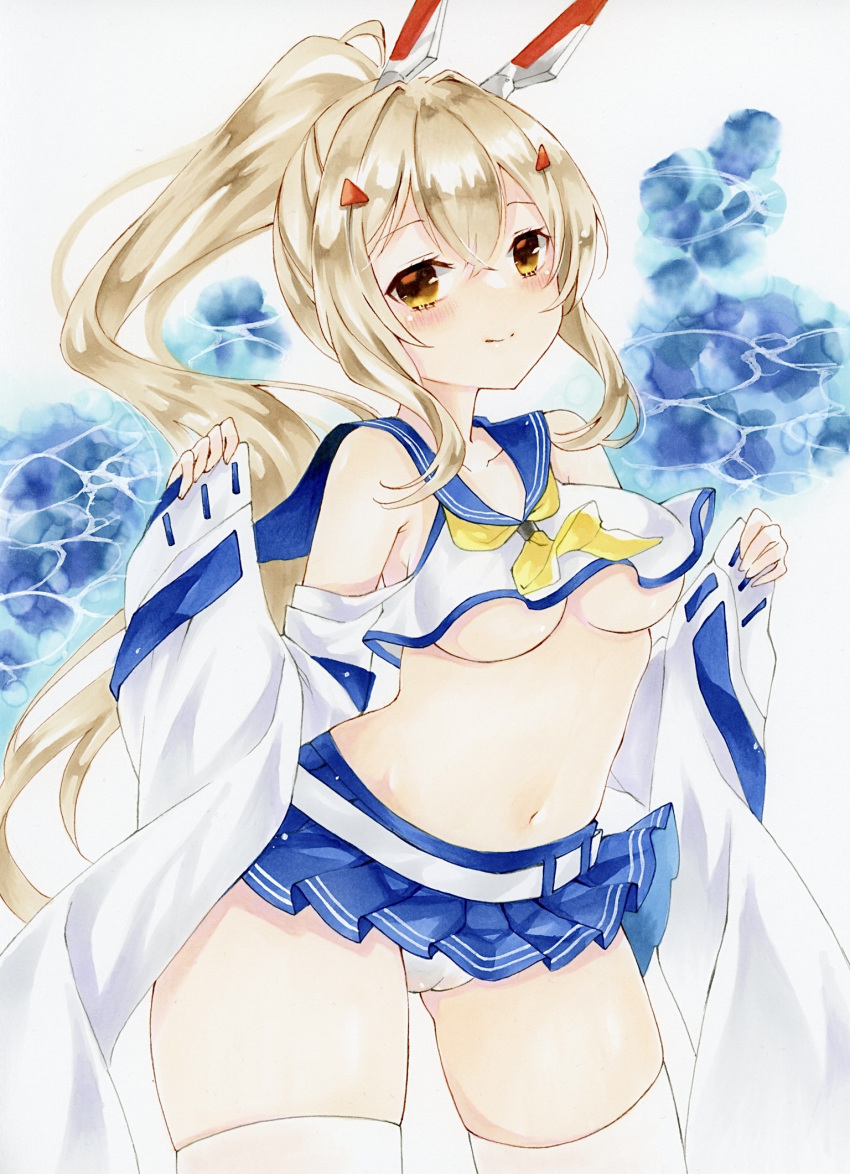 1girl armpit_crease asebi ayanami_(azur_lane) azur_lane belt blonde_hair blue_sailor_collar blue_skirt blush breasts cameltoe closed_mouth commentary_request crop_top crossed_bangs detached_sleeves hair_between_eyes high_ponytail highres long_hair long_sleeves medium_breasts microskirt navel neckerchief panties pleated_skirt sailor_collar sidelocks skirt sleeves_past_wrists smile solo stomach thighhighs thighs traditional_media underboob underwear very_long_hair white_belt white_panties white_thighhighs wide_sleeves yellow_eyes yellow_neckerchief
