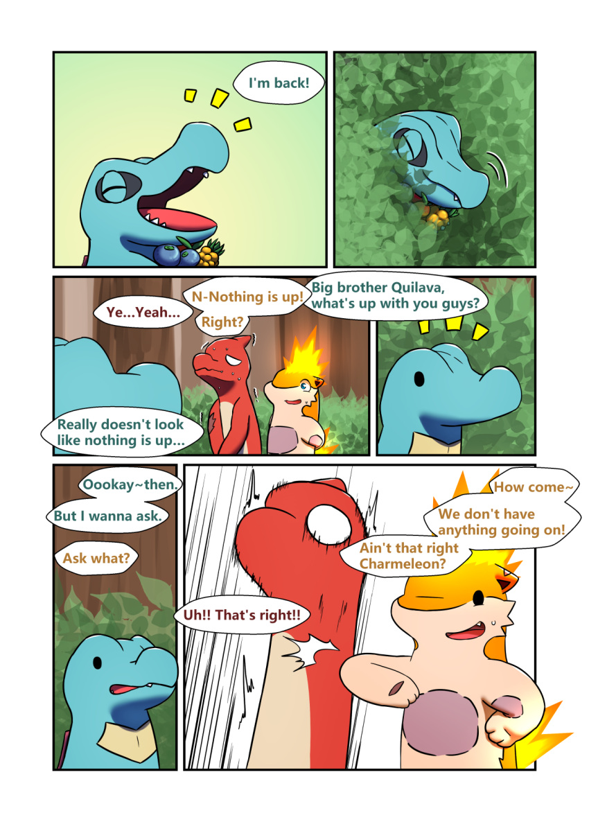 charmeleon comic darrow0 english_text fire forest generation_1_pokemon generation_2_pokemon hi_res male nintendo plant pokemon pokemon_(species) pol quilava speech_bubble text totodile tree yuel