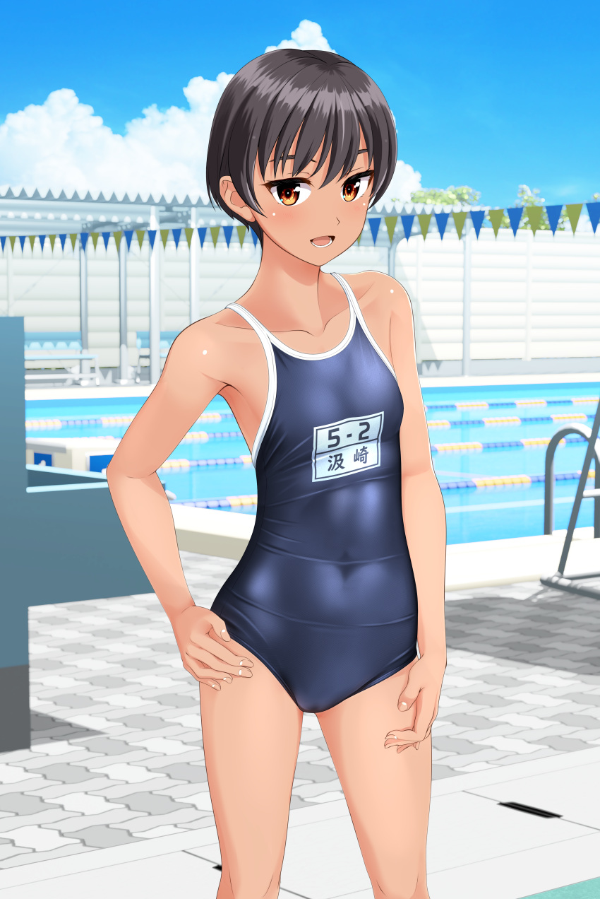1girl absurdres black_hair blue_one-piece_swimsuit blue_sky brown_eyes cloud commentary_request competition_school_swimsuit covered_navel day feet_out_of_frame goggles goggles_on_head hand_on_own_hip highres lane_line name_tag one-piece_swimsuit original outdoors pool pool_ladder school_swimsuit short_hair sky solo standing starting_block swimsuit takafumi tan tomboy variant_set