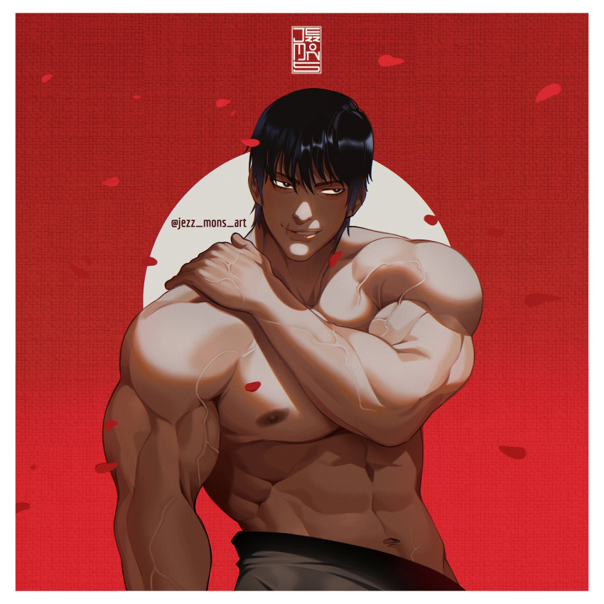 1boy abs artist_name bara black_hair falling_petals fushiguro_touji highres jezz_mons_art jujutsu_kaisen large_pectorals male_focus muscular muscular_male navel nipples pants pectorals petals scar scar_on_face scar_on_mouth short_hair solo topless_male twitter_username upper_body white_pants