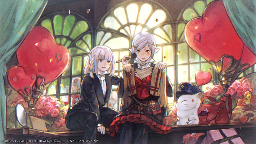 2girls :d balloon black_jacket black_pants blue_headwear blunt_bangs blush braid brown_eyes dress elezen elf embarrassed final_fantasy final_fantasy_xiv hat heart_balloon highres jacket lisette_de_valentione long_sleeves mailman medium_hair mirror mogi_yuusuke moogle multiple_girls official_art pant_suit pants pointy_ears red_bag red_dress red_eyes short_hair sitting smile suit valentine white_hair window