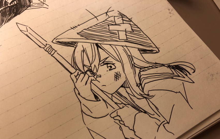 1girl closed_mouth commentary dutch_angle greyscale hat highres holding holding_polearm holding_weapon jingasa kashikaze long_hair looking_at_viewer monochrome nib_pen_(medium) original polearm scrape sidelocks solo traditional_media weapon