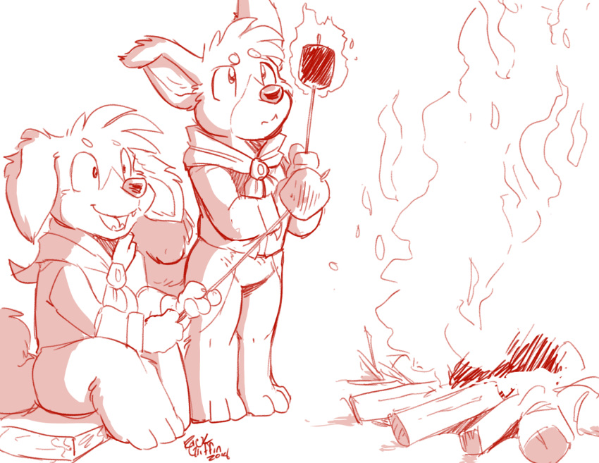 2018 anthro bottomless campfire candy canid canine canis clothed clothing cub_scouts dessert domestic_dog duo fire food housepets! looking_at_object male mammal marshmallow monochrome neckerchief open_mouth red_and_white rick_griffin sitting standing webcomic
