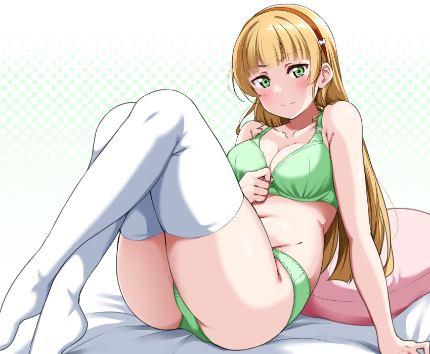 1girl bare_shoulders blonde_hair blush bra closed_mouth collarbone commentary_request green_bra green_eyes green_panties hair_ornament hairband heanna_sumire highres long_hair looking_at_viewer love_live! love_live!_superstar!! navel orange_hairband panties pillow sitting solo thighhighs thighs underwear white_thighhighs yopparai_oni