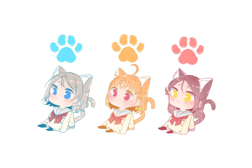 3girls ahoge animal_ears arm_support blue_eyes blush bow bowtie braid cat_ears cat_girl cat_tail chibi closed_mouth clover_hair_ornament full_body grey_hair grey_sailor_collar hair_between_eyes hair_bow hair_ornament hairclip half_updo highres kashikaze kemonomimi_mode long_hair long_sleeves love_live! love_live!_sunshine!! medium_hair multiple_girls orange_hair red_bow red_bowtie red_eyes red_hair sailor_collar sakurauchi_riko school_uniform serafuku shirt short_hair side_braid simple_background single_sidelock sitting smile tail takami_chika uranohoshi_school_uniform watanabe_you white_background white_shirt yellow_bow yellow_eyes