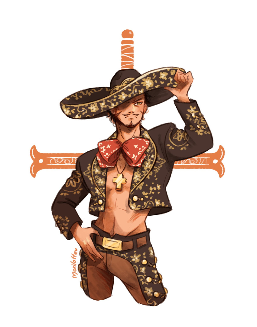1boy adjusting_clothes adjusting_headwear arm_up artist_name black_hair black_jacket bow closed_mouth cowboy_shot cropped_legs cross cross_necklace dracule_mihawk facial_hair goatee hand_on_belt hat highres jacket jewelry male_focus mexican_clothes morilatte_art mustache navel necklace one_eye_covered one_piece open_clothes patterned_clothing red_bow shaded_face short_hair sideburns simple_background sketch sombrero white_background yellow_eyes yoru_(sword)