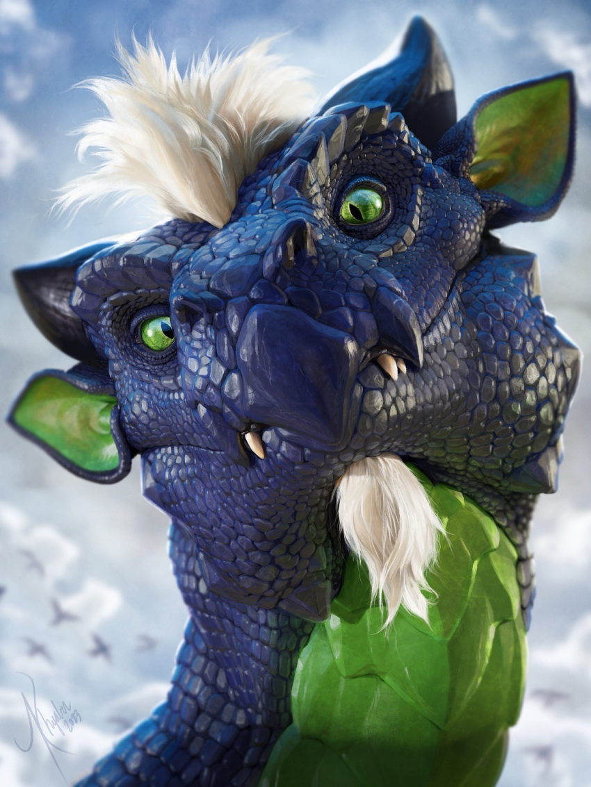 2023 3:4 ambient_bird ambiguous_gender avian bird black_horn blue_body blue_scales dated detailed dragon facial_hair fangs feral front_view glistening glistening_eyes goatee green_body green_eyes green_inner_ear green_scales hi_res horn khyaber looking_at_viewer mouth_closed scales scalie signature solo teeth