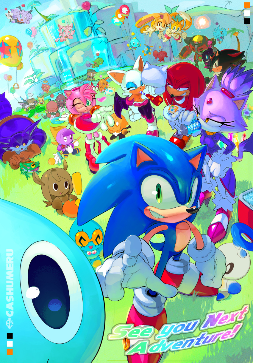 4girls 5boys absurdres amy_rose animal_ears anniversary bat_ears bat_girl bat_wings big_the_cat blaze_the_cat blowing_kiss blue_eyeshadow blue_fur blue_sky brown_gloves cake cake_slice can cashumeru cat_ears cat_girl cat_tail chao_(sonic) chao_garden cheese_(sonic) cooler cream_the_rabbit dark_chao dress e-123_omega egg eyelashes eyeshadow food forehead_jewel fork fox_boy fox_ears fox_tail frog froggy_(sonic) furry furry_female furry_male gloves gold_necklace grass green_eyes heart hero_chao highres ice ice_cube jacket jewelry knuckles_the_echidna looking_at_viewer makeup multiple_boys multiple_girls necklace orange_fur palm_tree pants party_popper purple_eyes purple_fur purple_jacket rabbit_ears rabbit_girl red_dress red_eyes red_footwear robot rouge_the_bat shadow_the_hedgehog sky smirk soda soda_can sonic_(series) sonic_adventure sonic_adventure_2 sonic_the_hedgehog tail tails_(sonic) tikal_the_echidna tree water waterfall white_footwear white_gloves white_pants wings yellow_eyes