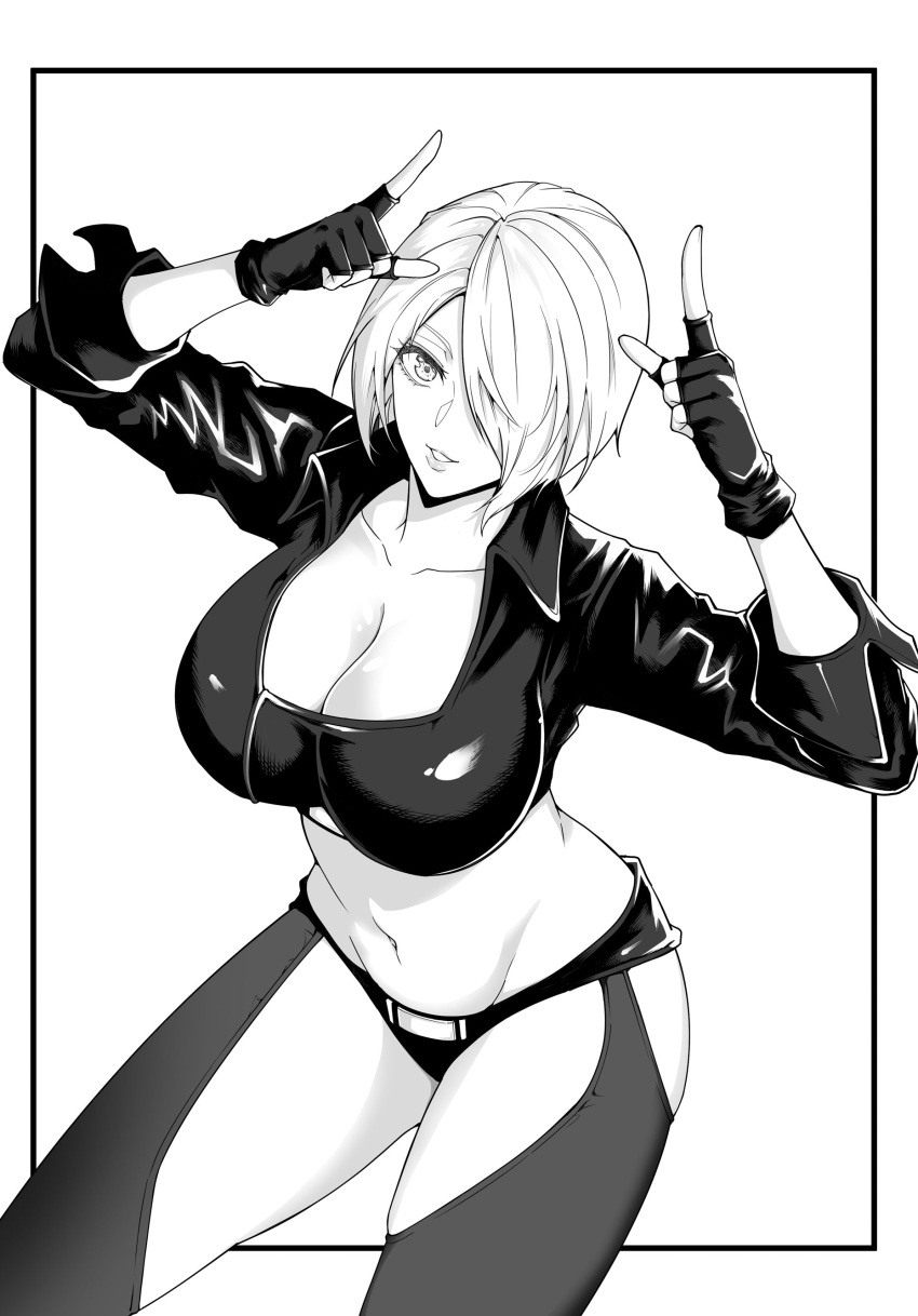 1girl absurdres angel_(kof) backless_pants black872233196 blue_eyes border bra breasts chaps cleavage crop_top cropped_jacket fingerless_gloves gloves hair_over_one_eye highres horns_pose index_fingers_raised jacket large_breasts leather leather_jacket looking_at_viewer midriff navel panties pants short_hair smile snk solo strapless strapless_bra the_king_of_fighters the_king_of_fighters_xiv toned underwear white_background white_border white_hair