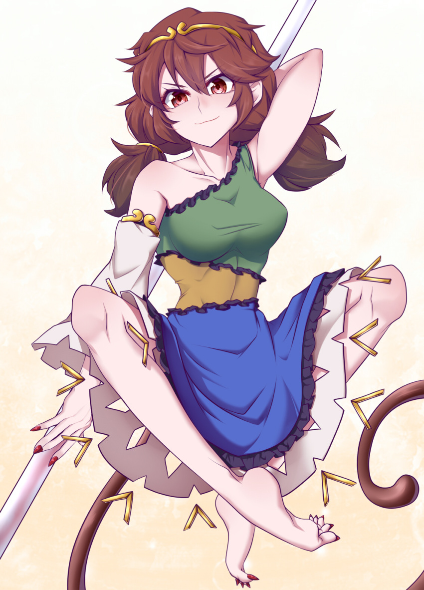 1girl barefoot benizuwai breasts brown_eyes brown_hair circlet collarbone detached_sleeves dress highres looking_at_viewer low_twintails medium_breasts medium_hair monkey_tail multicolored_clothes multicolored_dress nail_polish red_nails ruyi_jingu_bang single-shoulder_dress single_detached_sleeve single_strap sleeveless sleeveless_dress smile solo son_biten staff tail taut_clothes taut_dress touhou twintails yellow_background