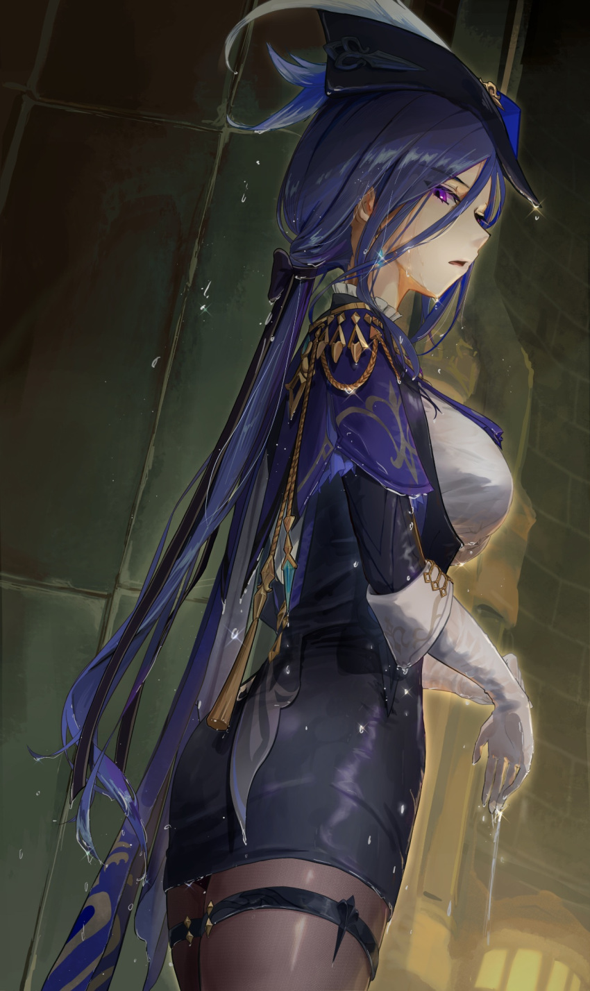1girl ascot black_corset blue_ascot blue_cape blue_hair blue_headwear breasts cape clorinde_(genshin_impact) corset cowboy_shot dark_blue_hair dekalco dripping epaulettes fold-over_gloves genshin_impact gloves hat_feather highres large_breasts long_hair looking_at_viewer low_ponytail parted_lips purple_ascot purple_eyes solo stone_wall wall wet wet_clothes white_gloves