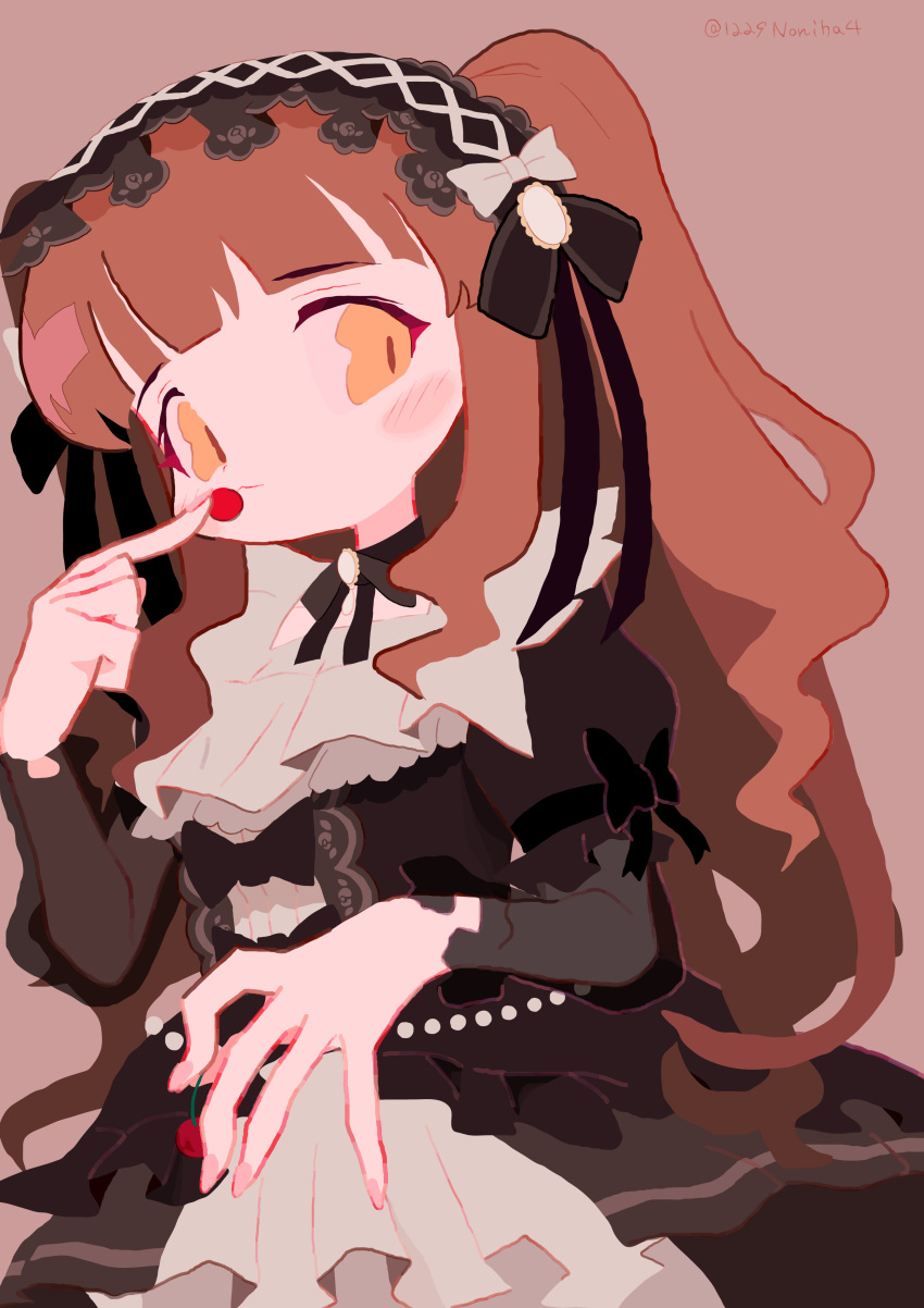 1girl absurdres black_bow black_choker black_dress black_hairband blunt_bangs bow brown_background brown_eyes brown_hair cherry choker commentary_request dress finger_to_mouth food frilled_dress frilled_sleeves frills fruit gothic_lolita hair_bow hairband hand_up highres holding holding_food idolmaster idolmaster_cinderella_girls layered_sleeves lolita_fashion lolita_hairband long_hair long_sleeves looking_at_viewer noniha ogata_chieri puffy_short_sleeves puffy_sleeves ribbon_choker see-through see-through_sleeves short_sleeves solo twintails twitter_username white_bow