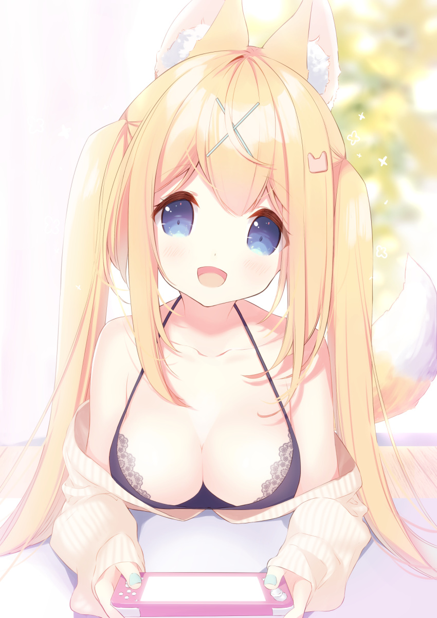 1girl amamiya_mei animal_ear_fluff animal_ears blonde_hair blue_eyes blue_nails blurry blurry_background breasts camisole cleavage clothes_down commentary_request fox_ears fox_girl fox_tail hair_between_eyes hair_ornament handheld_game_console highres long_hair looking_at_viewer lying medium_breasts mofu-mofu_after_school mofumofu_channel on_stomach open_mouth p19 sidelocks sleeves_past_wrists smile solo sweater tail twintails white_sweater x_hair_ornament