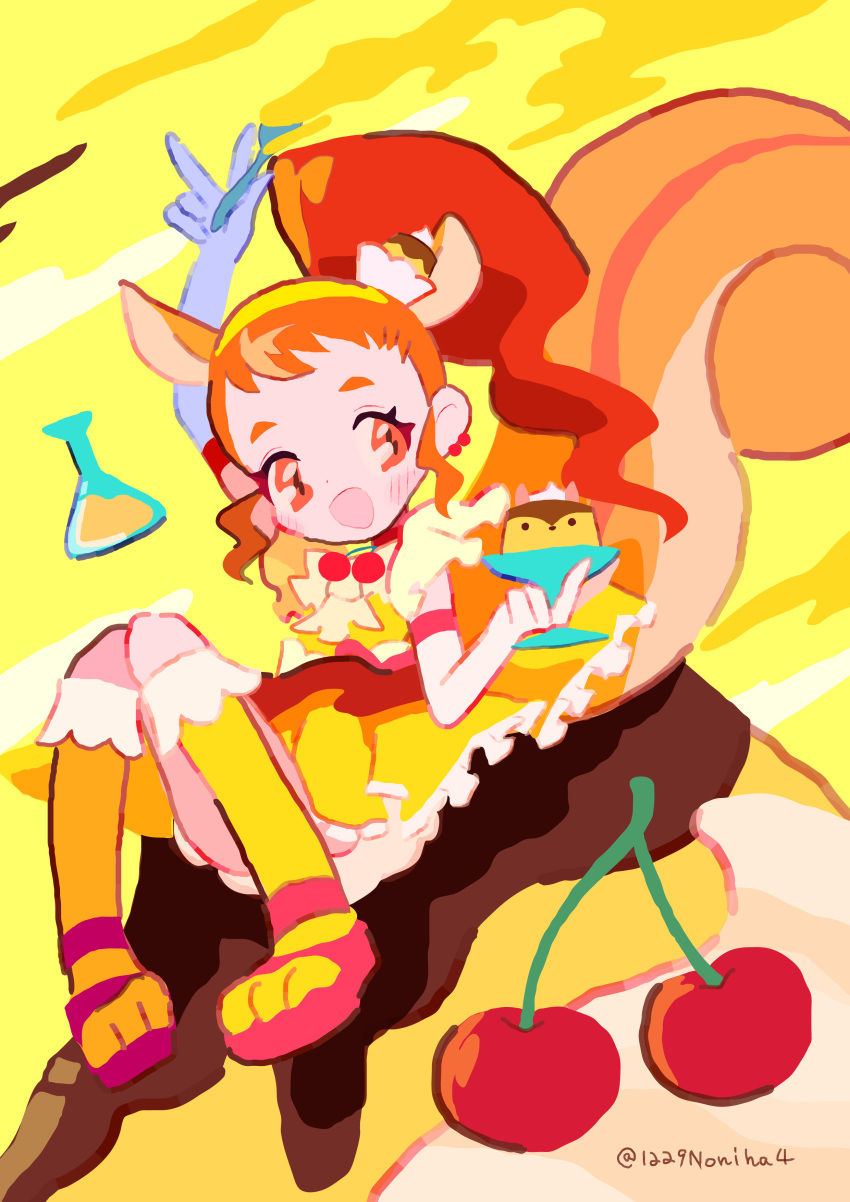 1girl absurdres animal_ears arisugawa_himari arm_up cherry commentary_request cure_custard dress elbow_gloves extra_ears flask food food-themed_hair_ornament frilled_dress frills fruit full_body gloves hair_ornament hand_up high_ponytail highres holding holding_food holding_spoon kirakira_precure_a_la_mode knees_up long_hair looking_at_viewer magical_girl noniha open_mouth orange_eyes orange_hair precure pudding sandals sitting smile socks solo spoon squirrel_ears squirrel_tail tail w white_gloves yellow_background yellow_dress yellow_socks