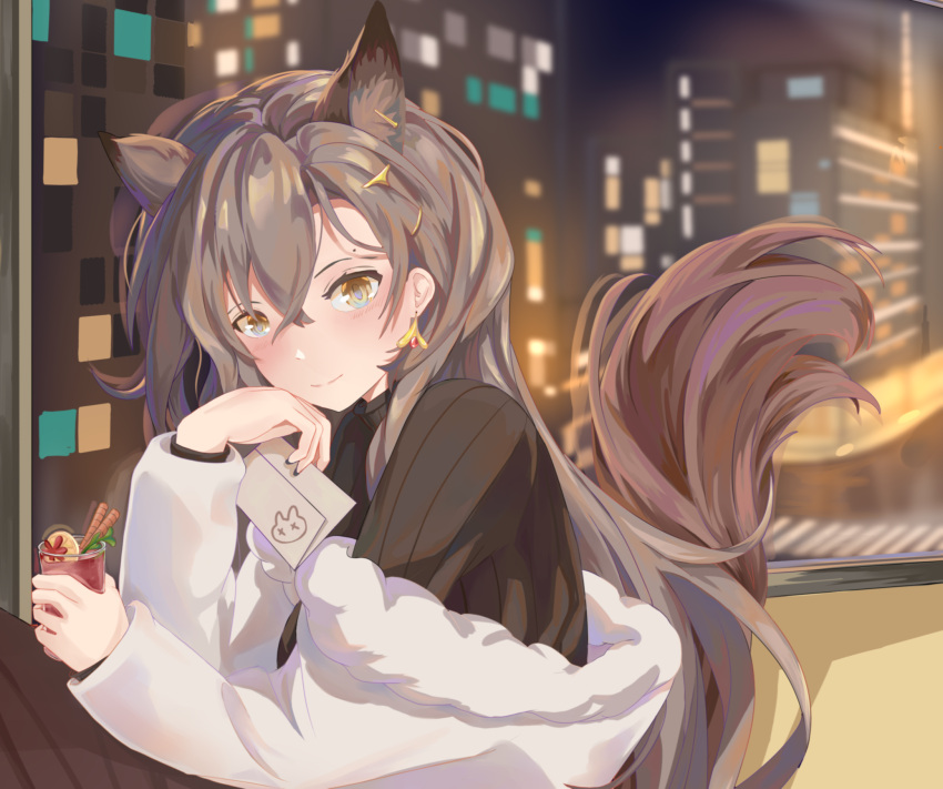1girl animal_ears arknights ascot black_coat black_jacket black_nails brown_hair coat extra_ears hair_between_eyes highres holding jacket jewelry long_hair looking_at_viewer mole_above_eye mole_on_forehead penance_(arknights) penance_(occasionally_flushed)_(arknights) solo tail white_ascot wolf_ears wolf_girl wolf_tail yellow_eyes ying_wei_jin_inexistenec