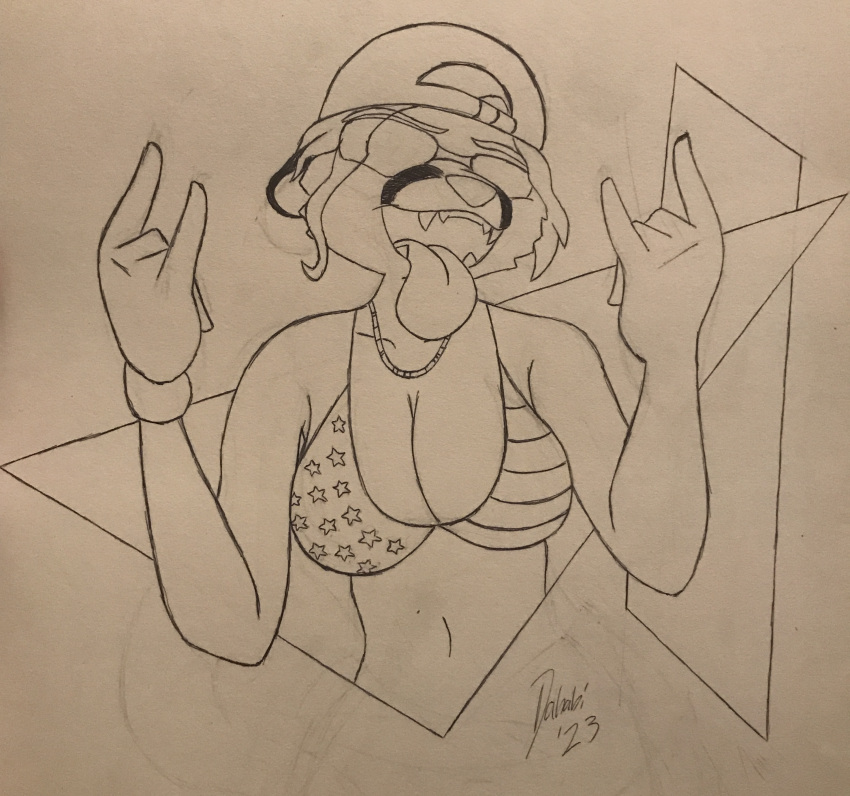 absurd_res anthro aviator_glasses backwards_baseball_cap backwards_hat baseball_cap bikini bikini_top clothing cougar dahabi devil_horns_(gesture) fangs felid feline female flag_bikini gesture grand_theft_auto_vi graphite_(artwork) hand_gesture hat headgear headwear hi_res jewelry mammal navel necklace pen_(artwork) pencil_(artwork) rockstar_games solo swimwear teeth tongue tongue_out traditional_media_(artwork)