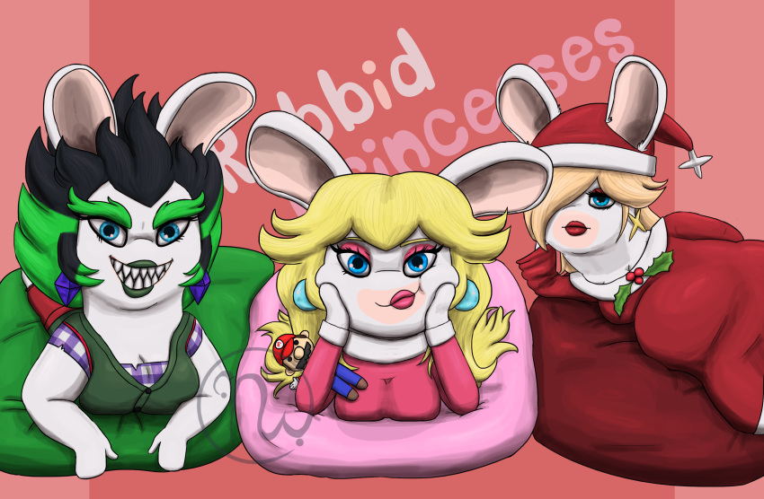2022 anthro artist_logo bangs belly big_belly big_breasts black_hair blonde_eyebrows blonde_hair blue_eyes bottomwear breasts christmas christmas_clothing christmas_headwear cleavage clothed clothing crossover digital_drawing_(artwork) digital_media_(artwork) dress ear_piercing edge_(mario_plus_rabbids) eyebrows eyelashes eyeshadow fangs female fur gem green_clothing green_eyebrows green_hair green_lips green_lipstick green_pillow green_topwear green_vest group hair hair_over_eye hand_behind_back hand_on_face hat headgear headwear hi_res holidays holly_(plant) lagomorph leaf leaning_on_hand leaning_on_hands lips lipstick logo long_ears long_hair looking_at_viewer lying makeup mammal mario mario_bros mario_plus_rabbids_kingdom_battle mario_plus_rabbids_sparks_of_hope mitten_hands multicolored_body multicolored_hair nintendo obese obese_anthro obese_female on_front on_pillow on_side one_eye_obstructed overweight overweight_anthro overweight_female pants pattern_clothing pattern_shirt pattern_topwear piercing pillow pink_eyeshadow pink_pillow plaid plaid_clothing plaid_shirt plaid_topwear plant plushie purple_clothing purple_shirt purple_topwear rabbid rabbid_peach rabbid_rosalina raving_rabbids rayman_(series) red_clothing red_eyeshadow red_hat red_headwear red_lips red_lipstick red_pillow santa_hat shirt short_stack simple_background skywater smile smiling_at_viewer spiky_hair star_earring tan_body tan_skin teeth text thick_eyebrows thick_thighs topwear toy trio ubisoft unimpressed vest white_body white_fur