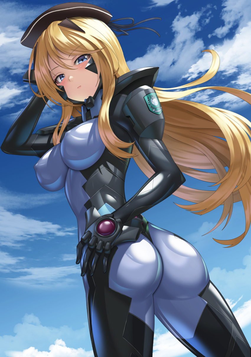 1girl armored_bodysuit ass baldr_sky black_bodysuit blonde_hair blue_bodysuit blue_eyes bodysuit breasts covered_nipples fortified_suit hand_on_own_hip hat headgear highres impossible_bodysuit impossible_clothes kirishima_rain kurione_(zassou) long_hair looking_at_viewer medium_breasts muv-luv muv-luv_alternative shiny_clothes solo standing two-tone_bodysuit wind wind_lift