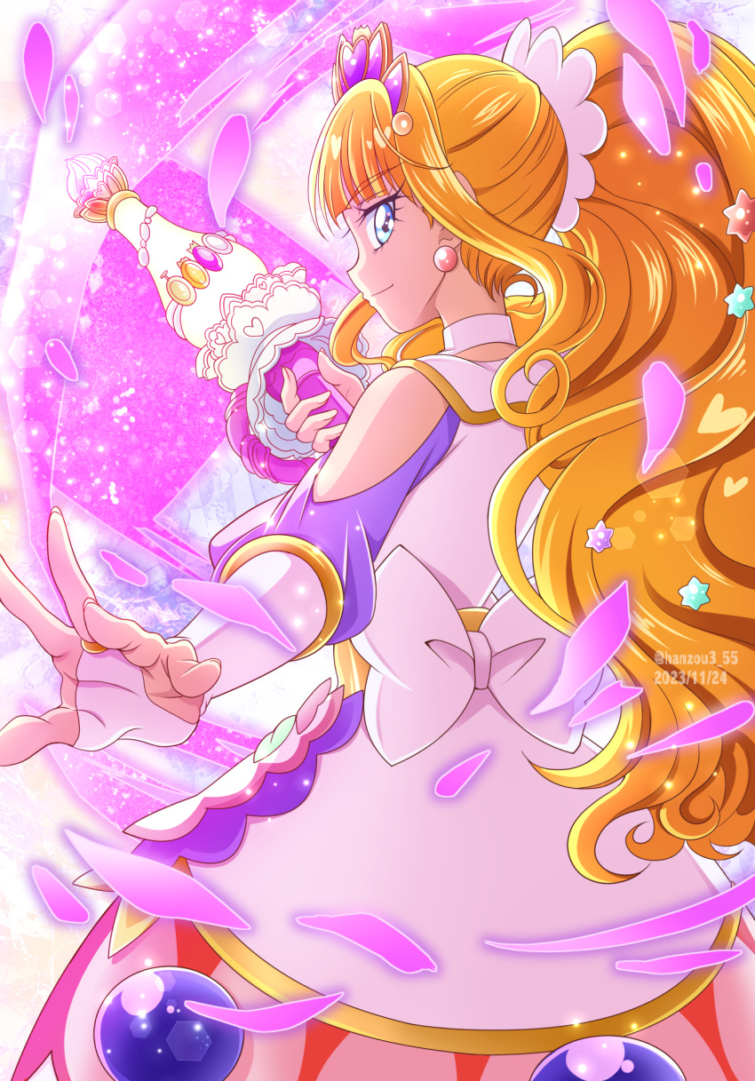 1girl 2023 back_bow blonde_hair blue_eyes bow bridal_gauntlets choker closed_mouth clothing_cutout cure_finale dated delicious_party_precure diadem dress earrings from_behind hanzou highres holding jewelry long_hair ponytail precure profile shoulder_cutout smile solo twitter_username very_long_hair white_bow white_choker white_dress