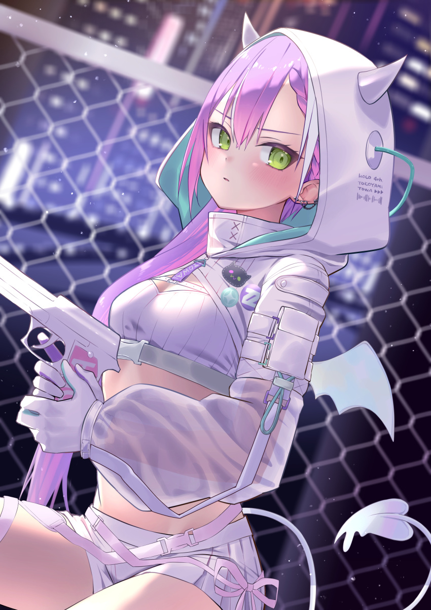 1girl absurdres bandeau breasts demon_girl demon_tail demon_wings ear_piercing gloves gradient_hair green_eyes gun hair_between_eyes handgun highres holding holding_gun holding_weapon hololive hooded_shrug long_hair long_sleeves looking_at_viewer medium_breasts multicolored_hair nisi_ki_no official_alternate_costume piercing pink_hair pointy_ears puffy_long_sleeves puffy_sleeves purple_hair see-through see-through_sleeves short_shorts shorts shrug_(clothing) solo strapless streaked_hair tail tokoyami_towa tokoyami_towa_(5th_costume) tube_top turtleneck virtual_youtuber weapon white_bandeau white_gloves white_hair white_shorts white_shrug white_tube_top wings