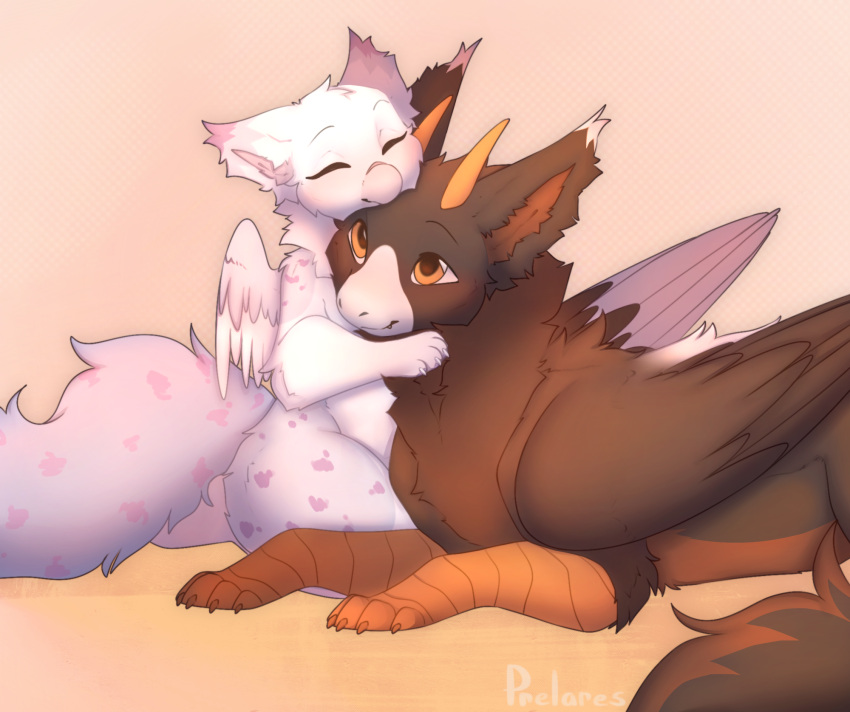 avian brown_body brown_fur dragon duo embrace eyes_closed female fur furred_dragon gryphon happy hi_res horn hug love lying male male/female mythological_avian mythology pink_body pink_fur prelares sitting smile wings