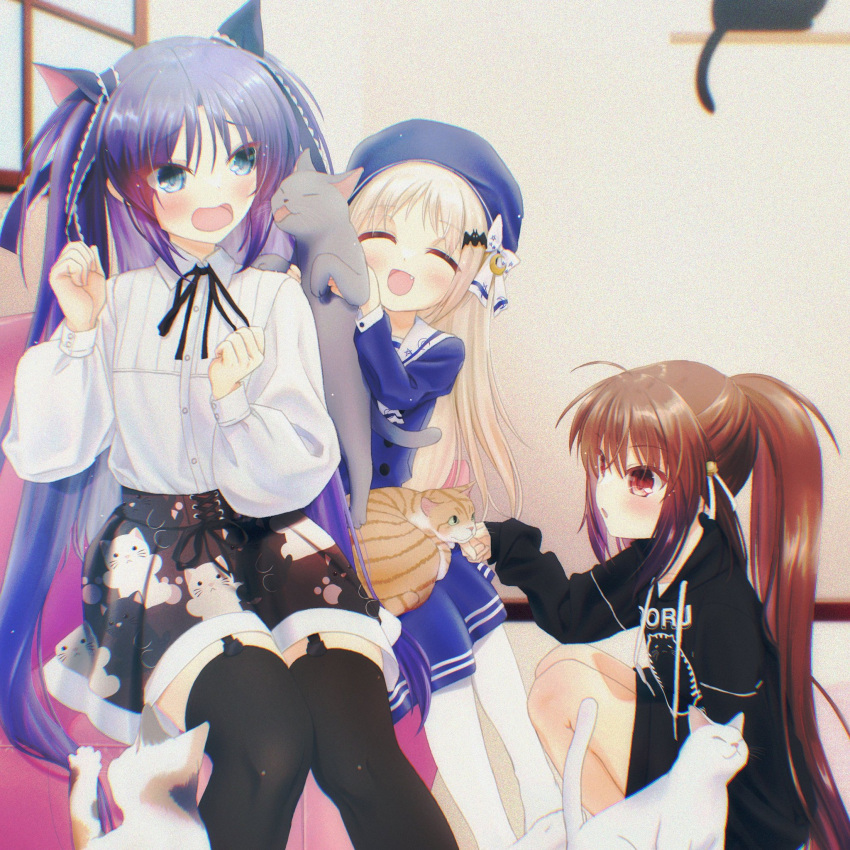 3girls :d ^_^ ahoge alternate_costume animal_on_lap animal_on_shoulder animal_print bat_hair_ornament bell beret black_hoodie black_ribbon black_skirt black_thighhighs blue_dress blue_eyes blue_headwear blush bow brown_cat brown_hair casual cat cat_on_lap cat_on_shoulder cat_print clenched_hands closed_eyes collared_shirt commentary crescent crescent_hair_ornament dress eyes_visible_through_hair fang feet_out_of_frame frilled_ribbon frills garter_straps grey_hair hair_bell hair_bow hair_ornament hair_ribbon hands_up happy hat high-waist_skirt highres hood hood_down hoodie indoors jingle_bell little_busters! long_hair long_sleeves looking_at_animal multiple_girls natsume_rin natsuoto_rito neck_ribbon noumi_kudryavka on_lap open_mouth parted_bangs petting ponytail purple_hair red_eyes ribbon sasasegawa_sasami shirt short_dress sidelocks sitting skirt sleeves_past_wrists smile squatting star_(symbol) star_print straight_hair thighhighs tsurime two_side_up very_long_hair white_bow white_ribbon white_shirt zettai_ryouiki