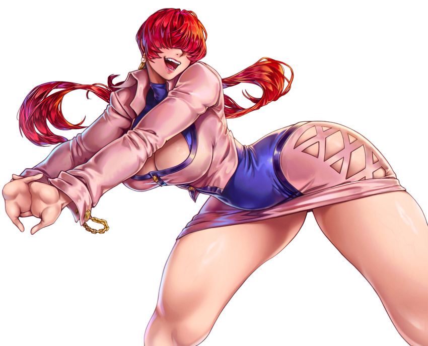 1girl breasts cleavage cleavage_cutout clothing_cutout covered_eyes cropped_jacket earrings hair_over_eyes highres jacket jewelry large_breasts lips lipstick long_hair makeup miniskirt owlkii pink_jacket ponytail red_hair shermie_(kof) skirt smile snk solo split_ponytail the_king_of_fighters the_king_of_fighters_'97 thighs