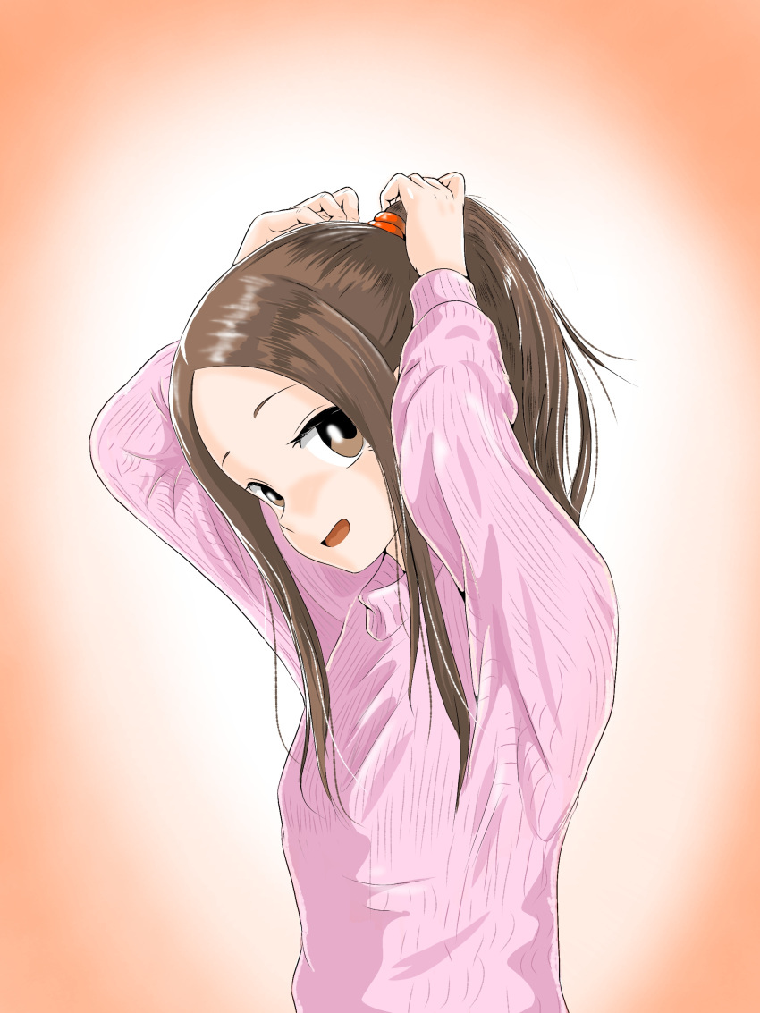 1girl absurdres arms_up brown_eyes highres karakai_jouzu_no_takagi-san open_mouth parted_bangs pink_sweater ponytail ribbed_sweater solo sweater takagi-san tying_hair upper_body user_datj4345