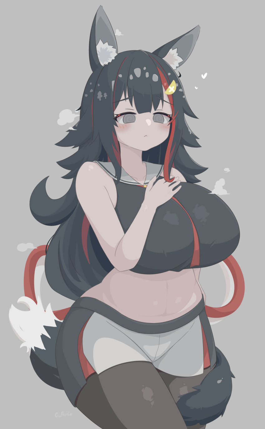 1girl :&lt; @_@ absurdres alternate_costume animal_ear_fluff animal_ears bare_shoulders black_hair black_pantyhose black_shorts black_tank_top blush breasts commentary crop_top double-parted_bangs english_commentary flipped_hair gabai grey_background grey_eyes grey_hair hair_ornament hairclip hand_on_own_chest heart highres hololive huge_breasts kouhaku_nawa long_hair midriff mixed-language_commentary multicolored_clothes multicolored_hair multicolored_shorts navel necktie ookami_mio pantyhose plump red_hair red_necktie red_shorts rope sailor_collar shimenawa shorts sidelocks solo steam steaming_body stomach streaked_hair tail tail_around_own_leg tail_wrap tank_top variant_set virtual_youtuber white_shorts wolf_ears wolf_girl wolf_tail