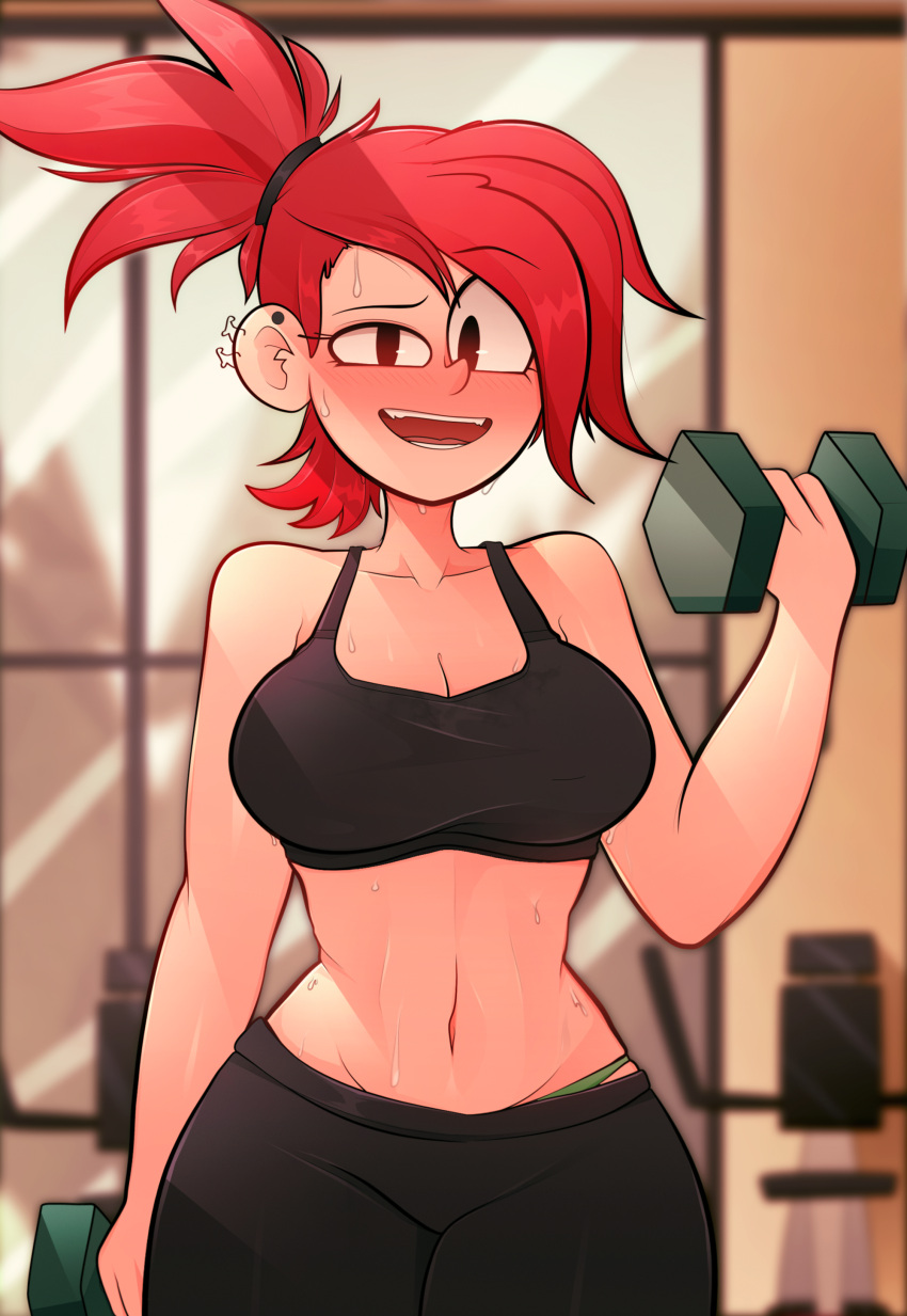 1girl absurdres arkeus_165 arm_at_side arm_up blurry blurry_background blush breasts cartoon_network cleavage collarbone ear_piercing exercise exercise_machine eyelashes foster's_home_for_imaginary_friends frankie_foster gym gym_uniform highres indoors large_breasts looking_at_viewer navel open_mouth piercing ponytail red_hair sports_bra sportswear stomach sweat teeth thigh_strap toon_(style) upper_body weightlifting weights window