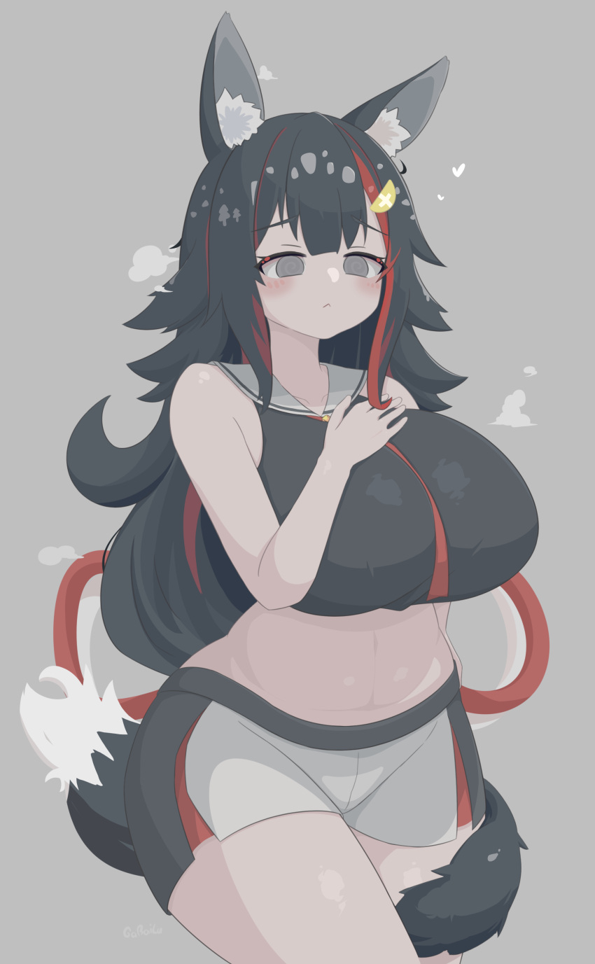 1girl :&lt; @_@ absurdres alternate_costume animal_ear_fluff animal_ears bare_shoulders black_hair black_shorts black_tank_top blush breasts commentary crop_top double-parted_bangs english_commentary flipped_hair gabai grey_background grey_eyes grey_hair hair_ornament hairclip hand_on_own_chest heart highres hololive huge_breasts kouhaku_nawa long_hair midriff mixed-language_commentary multicolored_clothes multicolored_hair multicolored_shorts navel necktie ookami_mio plump red_hair red_necktie red_shorts rope sailor_collar shimenawa shorts sidelocks solo steam steaming_body stomach streaked_hair tail tail_around_own_leg tail_wrap tank_top variant_set virtual_youtuber white_shorts wolf_ears wolf_girl wolf_tail