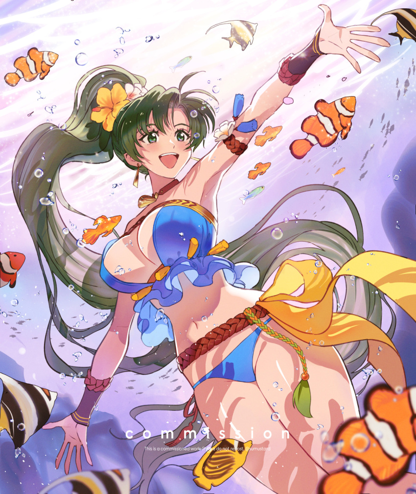 1girl bikini blue_bikini breasts bubble cleavage commission earrings fire_emblem fire_emblem:_the_blazing_blade fire_emblem_heroes fish flower green_eyes green_hair hair_flower hair_ornament highres jewelry large_breasts long_hair lyn_(fire_emblem) lyn_(summer)_(fire_emblem) navel official_alternate_costume open_mouth ponytail school_of_fish smile solo submerged sumustard swimming swimsuit thick_thighs thighs underwater very_long_hair wide_hips