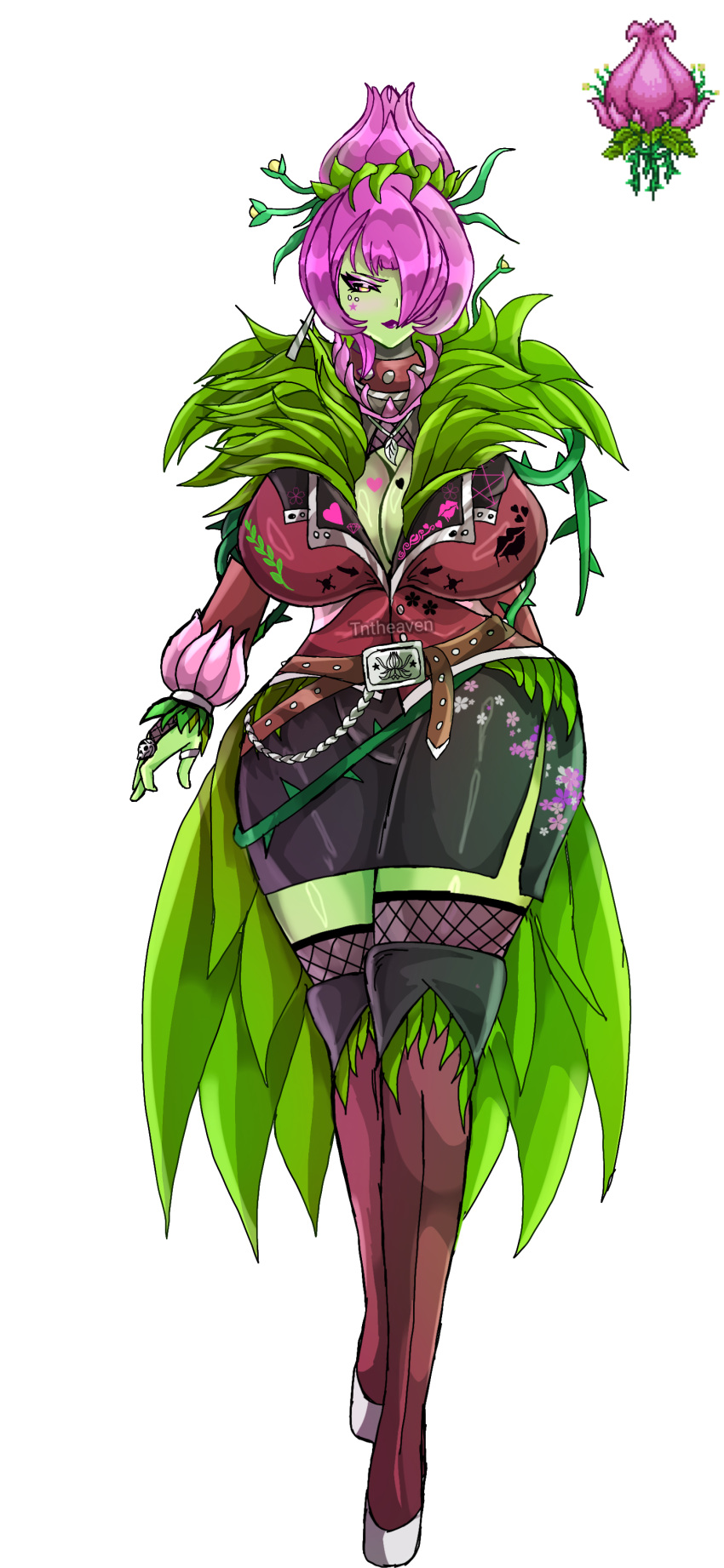 1girl absurdres belt boots breasts bridal_gauntlets cleavage collar colored_skin full_body green_skin hair_over_one_eye highres huge_breasts monster_girl pencil_skirt personification pink_hair plant plant_girl plantera reference_inset side_slit simple_background skirt spiked_collar spikes terraria thighhighs thighhighs_under_boots tntheaven vines white_background wide_hips