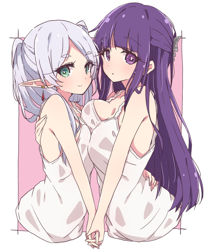 2girls breast_press breasts closed_mouth commentary_request dress earrings elf fern_(sousou_no_frieren) frieren green_eyes grey_hair highres holding_hands jewelry large_breasts long_hair looking_at_viewer mel_(melty_pot) multiple_girls pink_background pointy_ears purple_eyes purple_hair sleeveless sleeveless_dress small_breasts smile sousou_no_frieren two-tone_background white_background white_dress