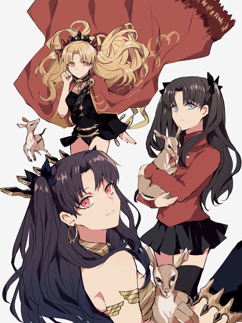 3girls absurdres animal black_hair black_leotard black_ribbon black_thighhighs blonde_hair blue_eyes cape closed_mouth commentary_request deer earrings ereshkigal_(fate) expressionless fate/grand_order fate/stay_night fate_(series) floating_hair gold_trim grin hair_ribbon highres hoop_earrings ishtar_(fate) jewelry leotard long_sleeves looking_at_viewer miniskirt multiple_girls parted_bangs pleated_skirt red_cape red_eyes red_sweater ribbon simple_background single_sleeve skirt smile sodamachi sweater thighhighs tiara tohsaka_rin twitter_username two_side_up white_background