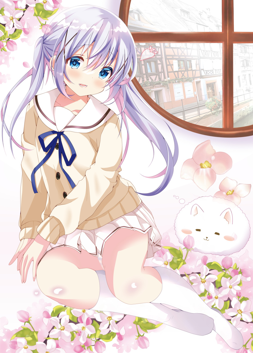 1girl :d blue_eyes blue_ribbon blush cardigan collarbone floating_hair flower gochuumon_wa_usagi_desu_ka? hair_ornament highres kafuu_chino kafuu_chino's_school_uniform kneehighs kohakugin long_hair long_sleeves miniskirt neck_ribbon open_mouth panties pantyshot petals pink_flower pleated_skirt ribbon sailor_collar school_uniform sitting skirt smile socks solo tippy_(gochiusa) twintails underwear white_flower white_hair white_panties white_sailor_collar white_skirt white_socks x_hair_ornament yellow_cardigan