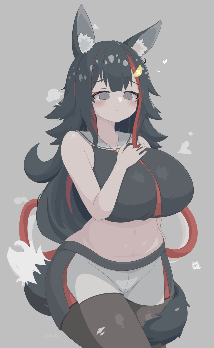 1girl :&lt; @_@ absurdres alternate_costume animal_ear_fluff animal_ears bare_shoulders black_hair black_pantyhose black_shorts black_tank_top blush breasts commentary crop_top double-parted_bangs english_commentary flipped_hair gabai grey_background grey_eyes grey_hair hair_ornament hairclip hand_on_own_chest heart highres hololive huge_breasts kouhaku_nawa long_hair midriff miofa_(ookami_mio) mixed-language_commentary multicolored_clothes multicolored_hair multicolored_shorts navel necktie ookami_mio pantyhose plump red_hair red_necktie red_shorts rope sailor_collar shimenawa shorts sidelocks solo steam steaming_body stomach streaked_hair tail tail_around_own_leg tail_wrap tank_top torn_clothes torn_pantyhose variant_set virtual_youtuber white_shorts wolf_ears wolf_girl wolf_tail