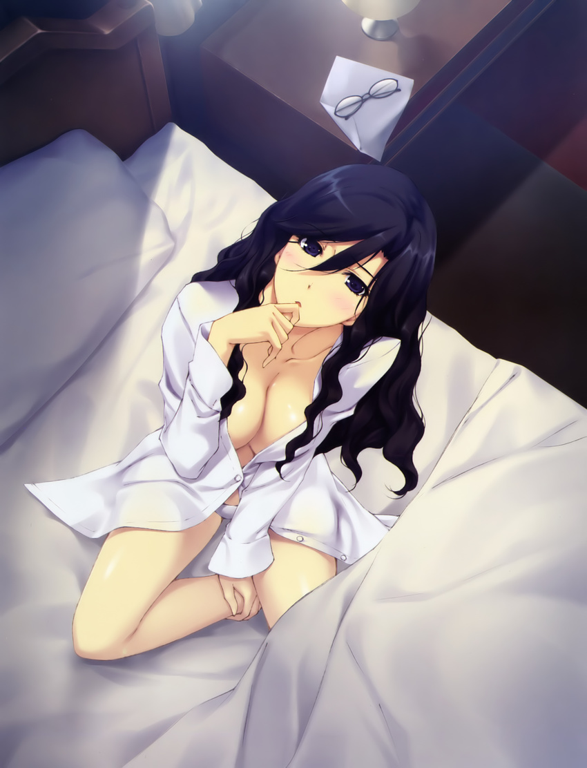 absurdres bed black_eyes black_hair breasts caucasus cleavage dress_shirt from_above glasses highres large_breasts long_hair looking_up nanatsuki_ai no_bra open_clothes open_shirt panties pillow shirt solo sugina_miki underwear wavy_hair white_panties