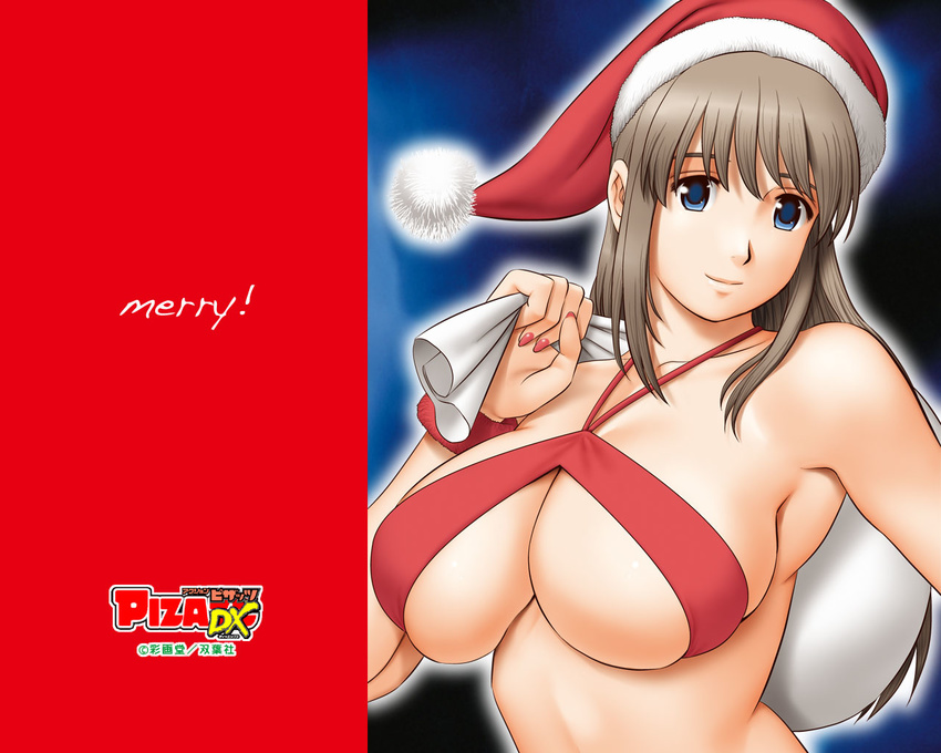 action_pizazz bare_shoulders bikini_top blue_eyes breasts brown_hair christmas hat large_breasts nail_polish pink_nails sack saigadou santa_hat solo wallpaper