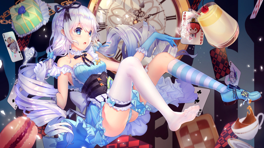 1girl :o absurdres apron ass asymmetrical_legwear back_bow bangs black_neckwear black_ribbon blue_bow blue_dress blue_eyes blue_flower blue_footwear blue_gloves blue_legwear blue_panties blue_rose blush bow breasts buckle bug butterfly cake card cherry clock collarbone commentary_request cookie corset cup dress drill_hair elbow_gloves eyebrows_visible_through_hair fang flower food frilled_gloves frilled_legwear frills fruit full_body gloves hair_bow hair_ribbon highres honkai_(series) honkai_impact_3 insect key kneehighs long_hair low_twintails macaron mismatched_gloves mismatched_legwear neck_garter neck_ribbon nhan open_mouth panties pantyshot playing_card pudding ribbon rose saucer shoes single_kneehigh single_shoe single_thighhigh sleeveless sleeveless_dress small_breasts solo spoon striped striped_legwear striped_panties tareme tea teacup theresa_apocalypse thighhighs twin_drills twintails underwear upskirt vertical-striped_dress vertical_stripes very_long_hair waist_apron white_apron white_bow white_gloves white_hair white_legwear