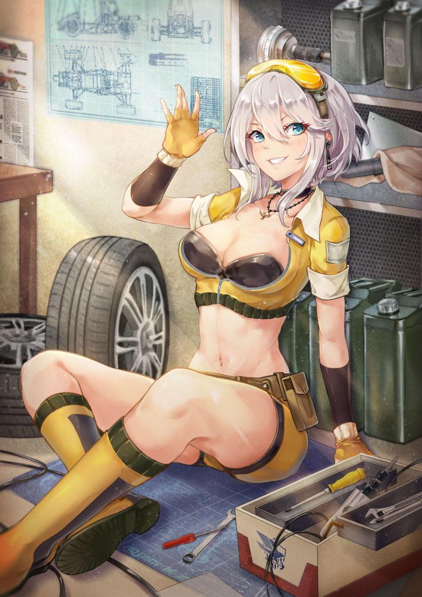 1girl :d arm_at_side arm_up azur_lane bangs belt belt_pouch bikini bikini_under_clothes black_bikini_top black_choker blue_eyes blueprint blush boots breasts cable canister choker cleavage cropped_jacket cross cross_necklace death-the-cat earrings eyebrows_visible_through_hair fingerless_gloves gloves goggles goggles_on_head grin hair_between_eyes highres indoors jacket jewelry knee_boots looking_at_viewer medium_breasts medium_hair navel necklace newspaper open_clothes open_jacket open_mouth orange_footwear orange_gloves orange_jacket orange_shorts partially_unzipped pendant pouch race_queen screwdriver shelf short_hair short_sleeves shorts silver_hair sitting smile solo strapless strapless_bikini swimsuit table teeth toolbox washington_(azur_lane) wheel wrench yellow-tinted_eyewear zipper