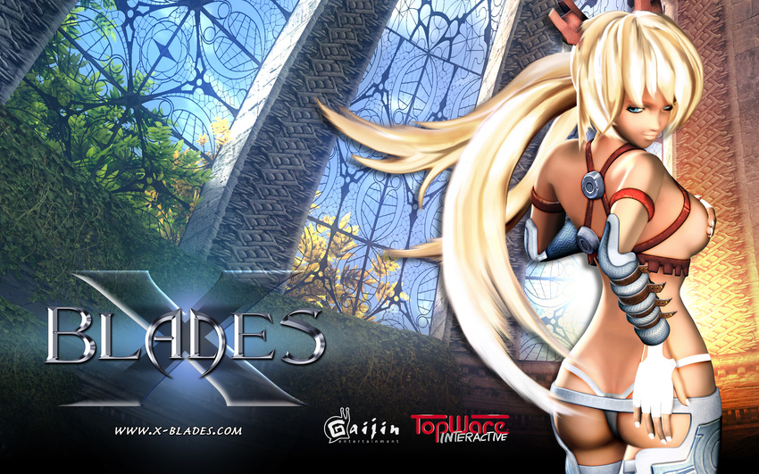 aqua_eyes ass ayumi_(x-blades) blonde_hair blue_eyes boots breasts covering covering_breasts dark_skin eyelashes grin highres leaf long_hair looking_back medium_breasts midriff panties plant sitting smile solo tan thong topless tree tri_tails underwear very_long_hair vines window x-blades