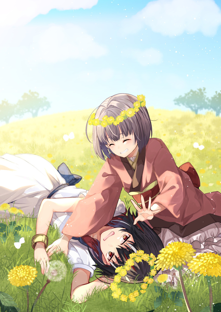 2girls ^_^ absurdres ahoge arm_up bangs black_hair blue_neckwear blue_sash blue_sky blush bracelet closed_eyes cloud collarbone commentary_request dandelion day dress eyes_closed facing_another fang flower flower_wreath grass grin hair_intakes highres horns japanese_clothes jewelry kijin_seija kimono leaf light_particles long_sleeves lying mimoto_(aszxdfcv) multicolored_hair multiple_girls no_hat no_headwear on_side open_mouth outdoors petticoat purple_hair red_eyes red_hair red_kimono red_sailor_collar sailor_collar sash short_hair short_sleeves sitting sky smile streaked_hair sukuna_shinmyoumaru touhou tree white_dress white_hair wide_sleeves yellow_flower