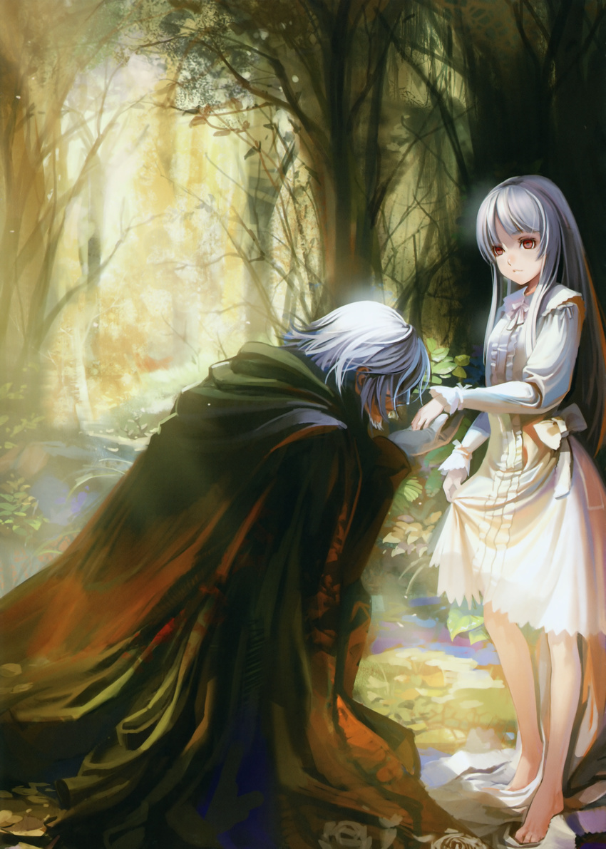 1girl absurdres abyss albino alphonse_(white_datura) barefoot beard bow breasts cape dress el_(sound_horizon) elysion facial_hair forest gloves hand_kiss highres huge_filesize kiss kneeling long_hair mask nature petite puffy_sleeves red_eyes scan small_breasts sound_horizon white_dress white_hair