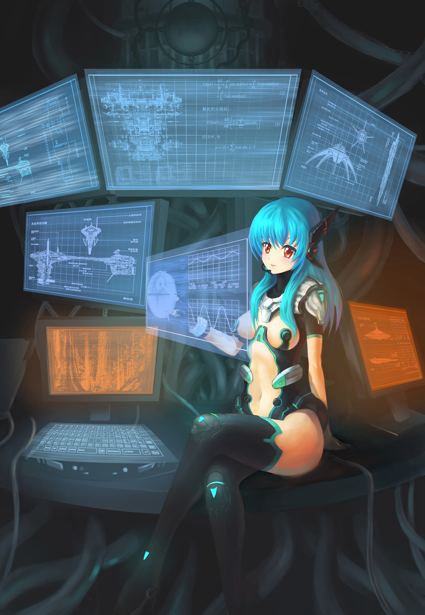 absurdres aqua_hair bad_id bad_pixiv_id blush boots chinese crossed_legs death_star fingerless_gloves gloves headset highres keyboard_(computer) klamp legs lips monitor navel original red_eyes science_fiction sitting solo star_home star_wars thigh_boots thighhighs world_devastator