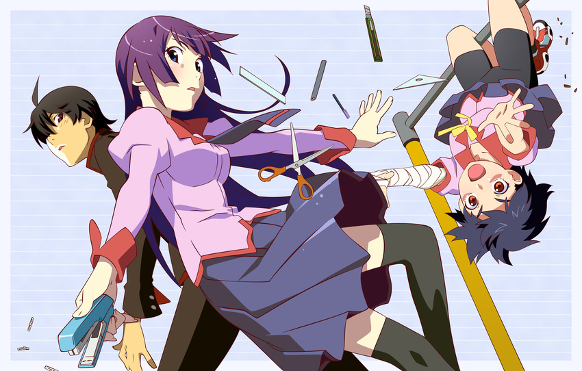 absurdres ahoge araragi_koyomi bakemonogatari bandages bike_shorts black_hair boxcutter highres kanbaru_suruga long_hair monogatari_(series) multiple_girls non-web_source official_art open_mouth purple_hair school_uniform scissors senjougahara_hitagi short_hair skirt stapler stationery thighhighs vector_trace watanabe_akio