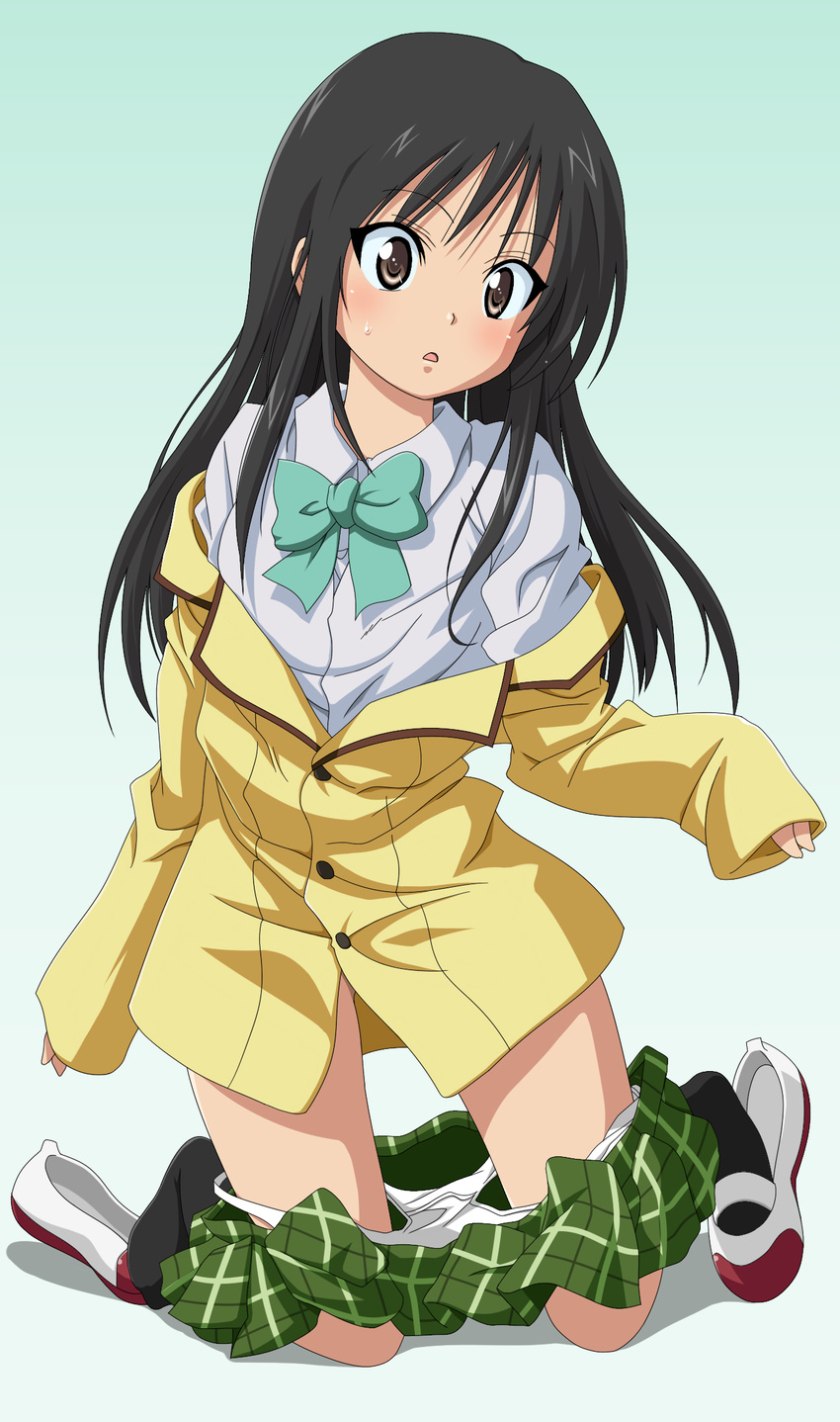 age_regression black_hair blush bottomless brown_eyes highres kotegawa_yui long_hair md5_mismatch oversized_clothes panties panty_pull school_uniform shoes single_shoe skirt skirt_pull socks solo sweat to_love-ru toshi_(anime_coloring) underwear undressing uwabaki vector_trace younger
